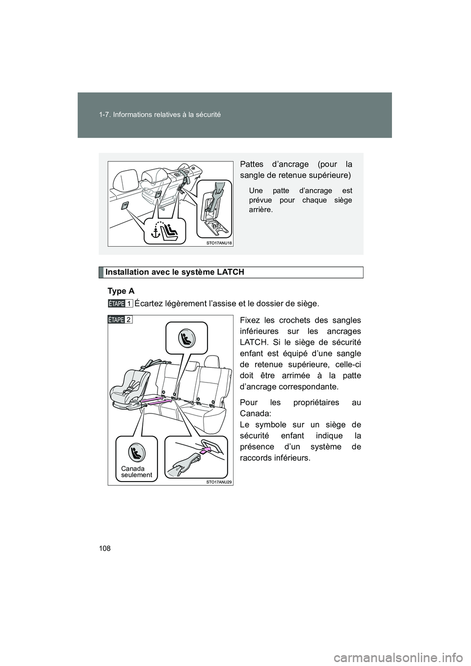 TOYOTA YARIS HATCHBACK 2014 Manuel du propriétaire (in French) 108 1-7. Informations relatives à la sécurité
YARIS_HB_D_52A16D
Installation avec le système LATCHTy p e A Écartez légèrement l’assise et le dossier de siège.
Fixez les crochets des sangles TOYOTA YARIS HATCHBACK 2014 Manuel du propriétaire (in French) 108 1-7. Informations relatives à la sécurité
YARIS_HB_D_52A16D
Installation avec le système LATCHTy p e A Écartez légèrement l’assise et le dossier de siège.
Fixez les crochets des sangles
