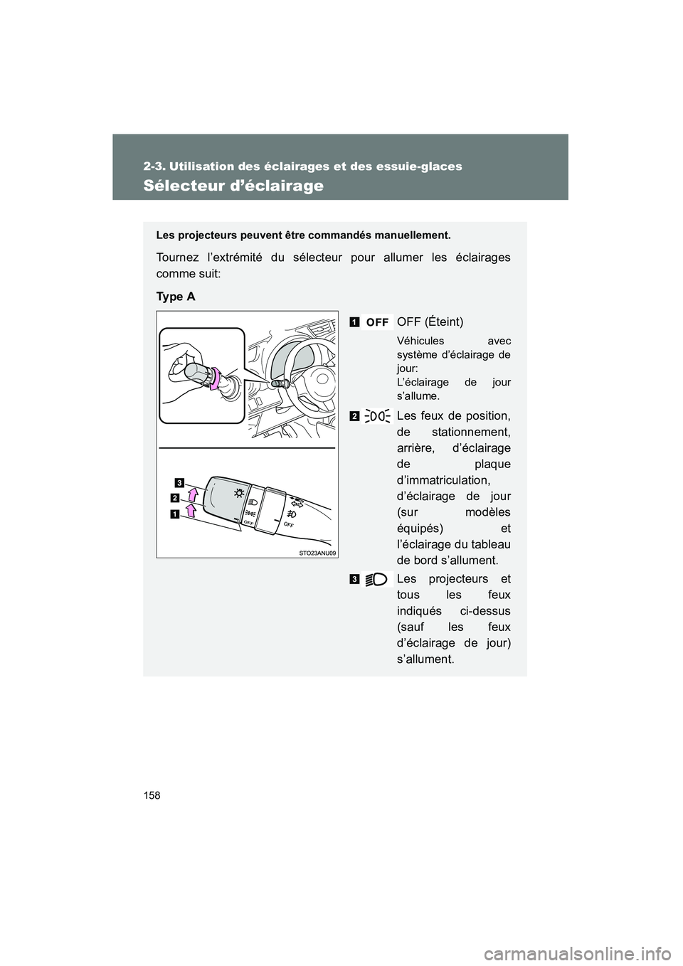TOYOTA YARIS HATCHBACK 2014 Manuel du propriétaire (in French) 158
YARIS_HB_D_52A16D
2-3. Utilisation des éclairages et des essuie-glaces
Sélecteur d’éclairage
Les projecteurs peuvent être commandés manuellement.
Tournez l’extrémité du sélecteur pour TOYOTA YARIS HATCHBACK 2014 Manuel du propriétaire (in French) 158
YARIS_HB_D_52A16D
2-3. Utilisation des éclairages et des essuie-glaces
Sélecteur d’éclairage
Les projecteurs peuvent être commandés manuellement.
Tournez l’extrémité du sélecteur pour