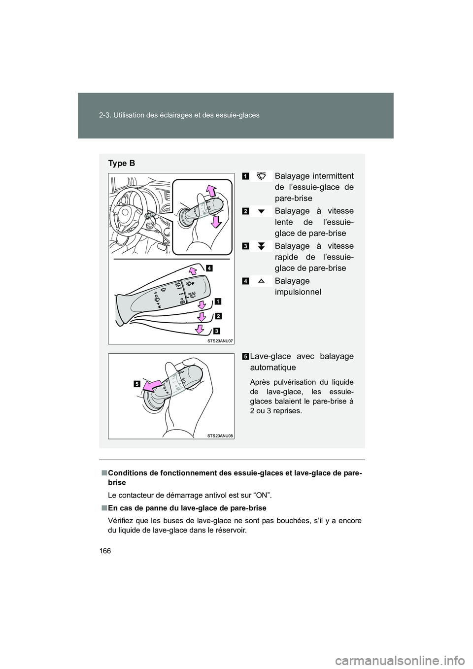 TOYOTA YARIS HATCHBACK 2014  Manuel du propriétaire (in French) 166 2-3. Utilisation des éclairages et des essuie-glaces
YARIS_HB_D_52A16D
■Conditions de fonctionnement d es essuie-glaces et lave-glace de pare-
brise
Le contacteur de démarrage antivol est sur 