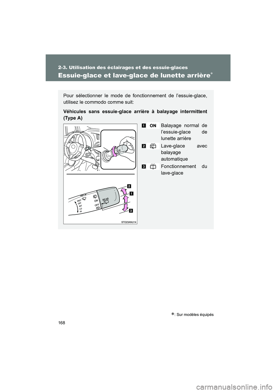 TOYOTA YARIS HATCHBACK 2014  Manuel du propriétaire (in French) 168
2-3. Utilisation des éclairages et des essuie-glaces
YARIS_HB_D_52A16D
Essuie-glace et lave-glace de lunette arrière∗
∗: Sur modèles équipés
Pour sélectionner le mode de fonctionnement d