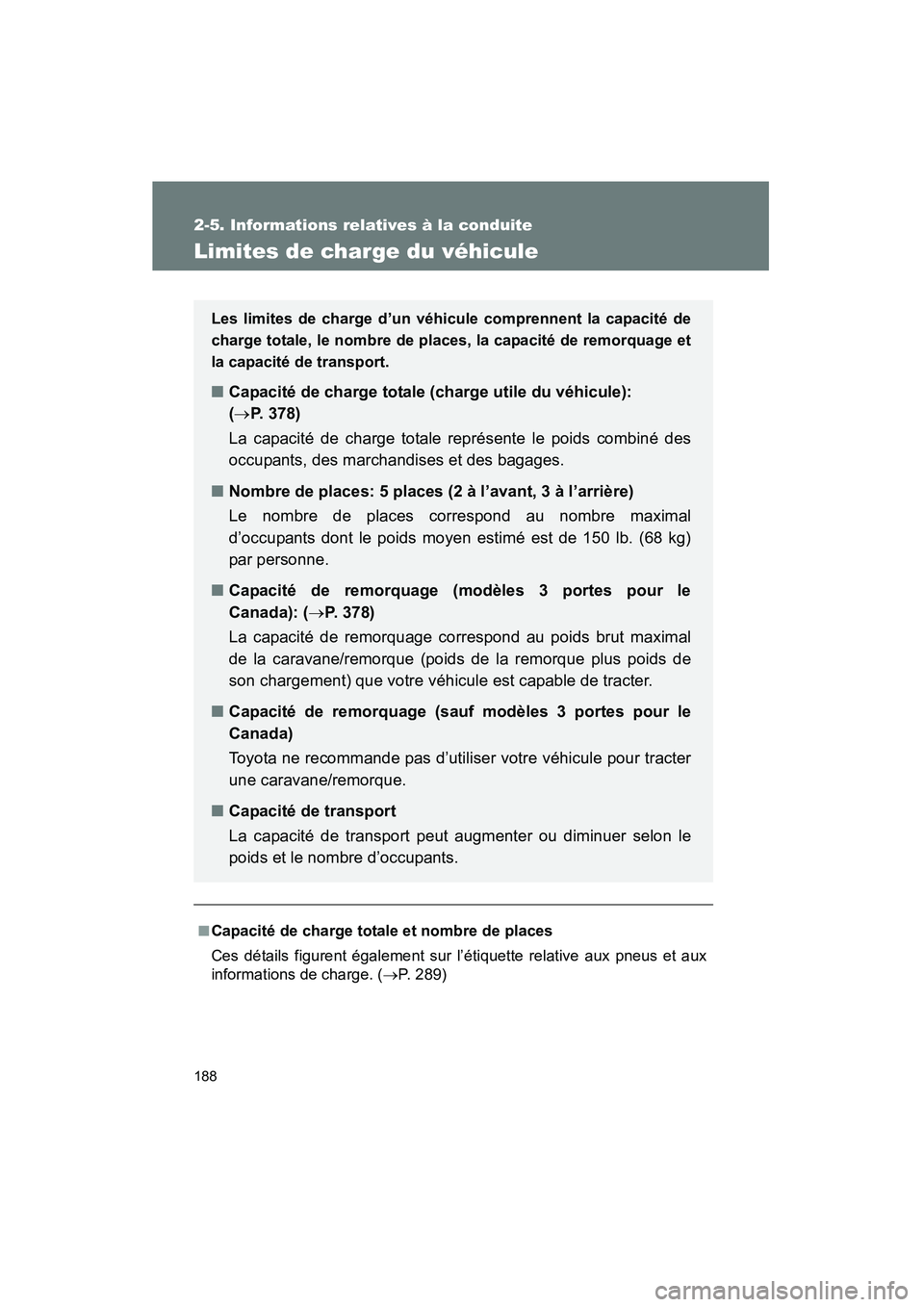 TOYOTA YARIS HATCHBACK 2014 Manuel du propriétaire (in French) 188
2-5. Informations relatives à la conduite
YARIS_HB_D_52A16D
Limites de charge du véhicule
■Capacité de charge totale et nombre de places
Ces détails figurent également sur l’étiquette re TOYOTA YARIS HATCHBACK 2014 Manuel du propriétaire (in French) 188
2-5. Informations relatives à la conduite
YARIS_HB_D_52A16D
Limites de charge du véhicule
■Capacité de charge totale et nombre de places
Ces détails figurent également sur l’étiquette re
