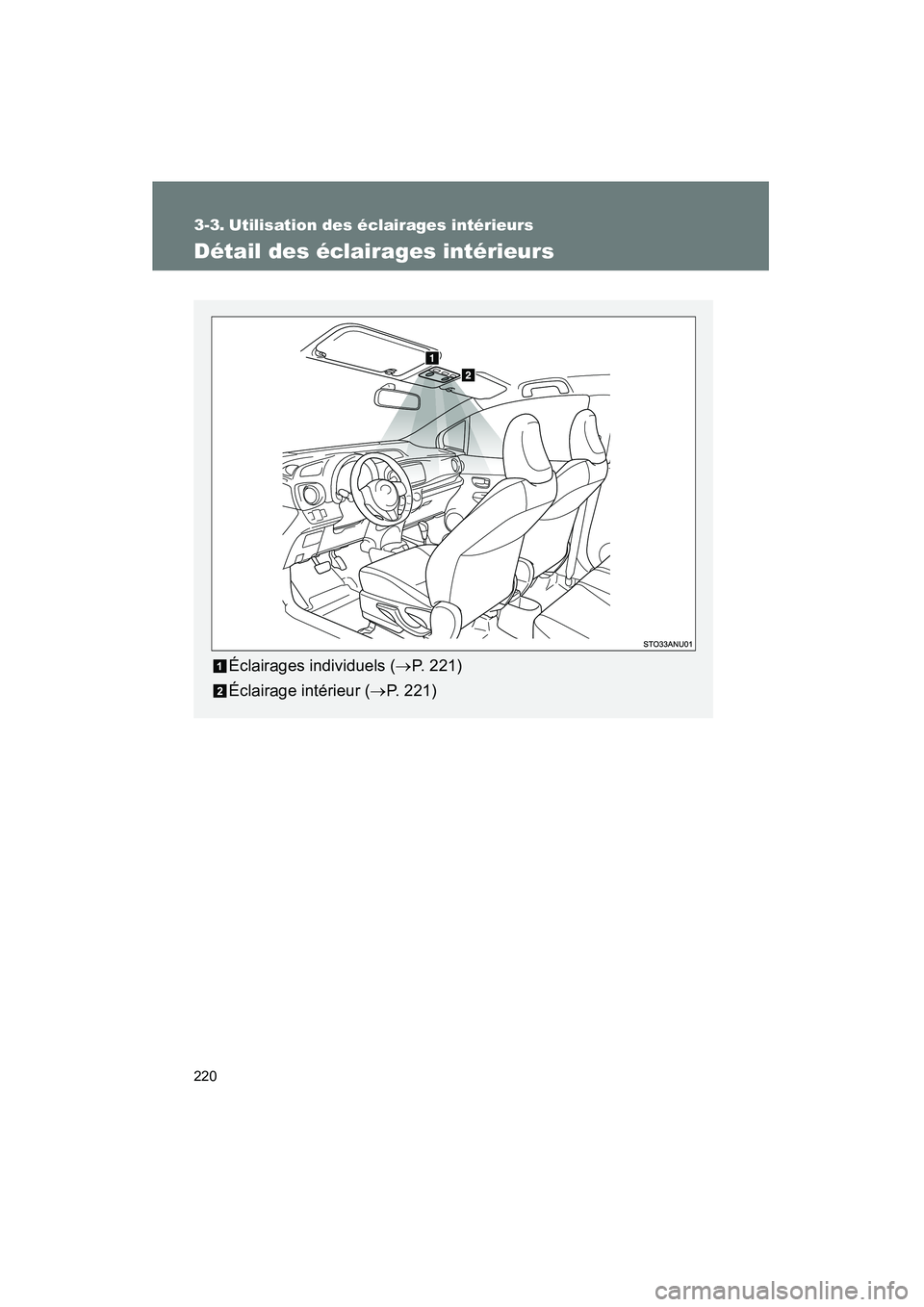TOYOTA YARIS HATCHBACK 2014  Manuel du propriétaire (in French) 220
YARIS_HB_D_52A16D
3-3. Utilisation des éclairages intérieurs
Détail des éclairages intérieurs
Éclairages individuels (→P. 221)
Éclairage intérieur ( →P. 221) 