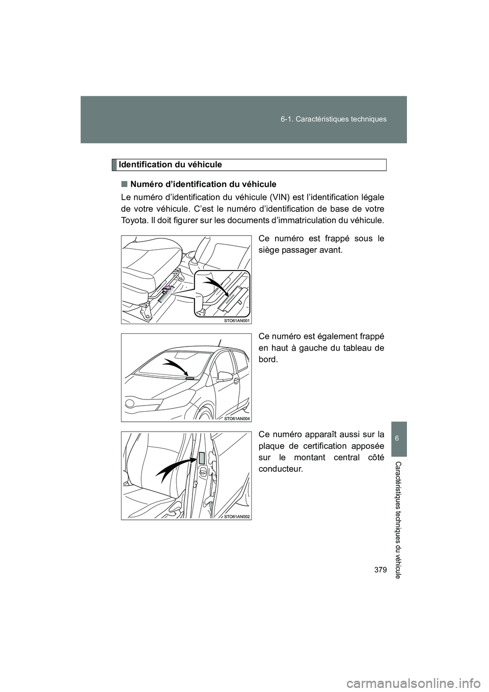 TOYOTA YARIS HATCHBACK 2014 Manuel du propriétaire (in French) 379
6-1. Caractéristiques techniques
YARIS_HB_D_52A16D
6
Caractéristiques techniques du véhicule
Identification du véhicule
■ Numéro d’identification du véhicule
Le numéro d’identificatio TOYOTA YARIS HATCHBACK 2014 Manuel du propriétaire (in French) 379
6-1. Caractéristiques techniques
YARIS_HB_D_52A16D
6
Caractéristiques techniques du véhicule
Identification du véhicule
■ Numéro d’identification du véhicule
Le numéro d’identificatio