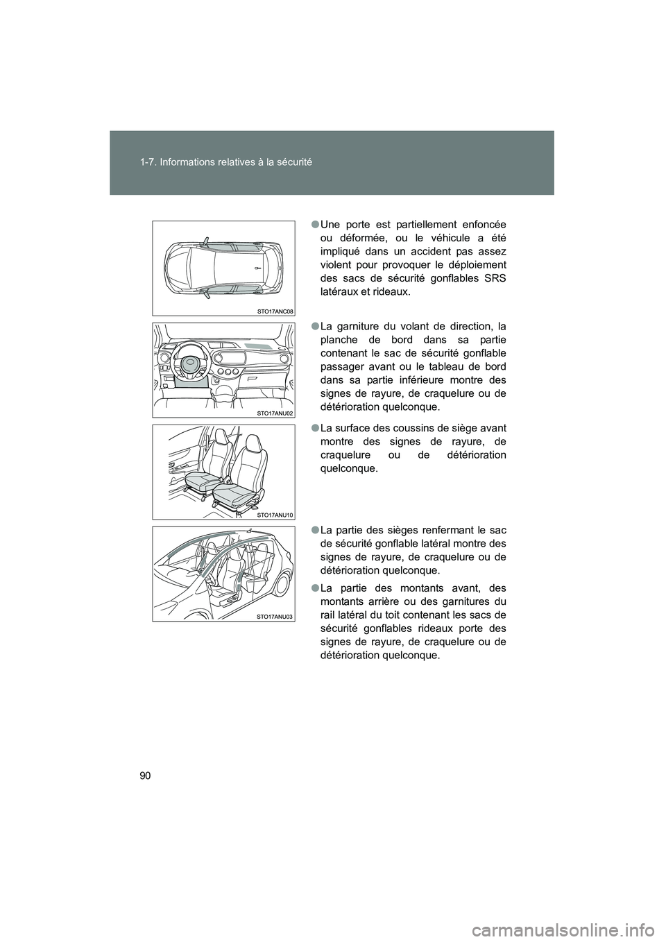 TOYOTA YARIS HATCHBACK 2014 Manuel du propriétaire (in French) 90 1-7. Informations relatives à la sécurité
YARIS_HB_D_52A16D
●Une porte est partiellement enfoncée
ou déformée, ou le véhicule a été
impliqué dans un accident pas assez
violent pour prov TOYOTA YARIS HATCHBACK 2014 Manuel du propriétaire (in French) 90 1-7. Informations relatives à la sécurité
YARIS_HB_D_52A16D
●Une porte est partiellement enfoncée
ou déformée, ou le véhicule a été
impliqué dans un accident pas assez
violent pour prov