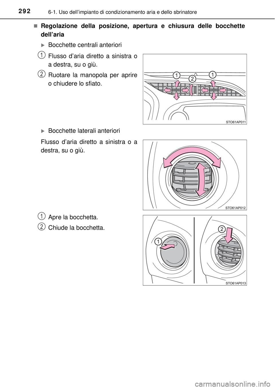 TOYOTA YARIS HATCHBACK 2014 Manuale duso (in Italian) 2926-1. Uso dell’impianto di condizionamento aria e dello sbrinatore
Regolazione della posizione, apertura e chiusura delle bocchette
dell’aria
Bocchette centrali anteriori
Flusso d’aria d TOYOTA YARIS HATCHBACK 2014 Manuale duso (in Italian) 2926-1. Uso dell’impianto di condizionamento aria e dello sbrinatore
Regolazione della posizione, apertura e chiusura delle bocchette
dell’aria
Bocchette centrali anteriori
Flusso d’aria d