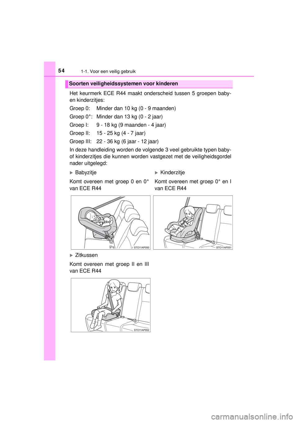 TOYOTA YARIS HATCHBACK 2014 Instructieboekje (in Dutch) 541-1. Voor een veilig gebruik
YARIS_F_WE_52D53E
Het keurmerk ECE R44 maakt onderscheid tussen 5 groepen baby-
en kinderzitjes:
Groep 0: Minder dan 10 kg (0 - 9 maanden)
Groep 0
+: Minder dan 13 kg (0 TOYOTA YARIS HATCHBACK 2014 Instructieboekje (in Dutch) 541-1. Voor een veilig gebruik
YARIS_F_WE_52D53E
Het keurmerk ECE R44 maakt onderscheid tussen 5 groepen baby-
en kinderzitjes:
Groep 0: Minder dan 10 kg (0 - 9 maanden)
Groep 0
+: Minder dan 13 kg (0