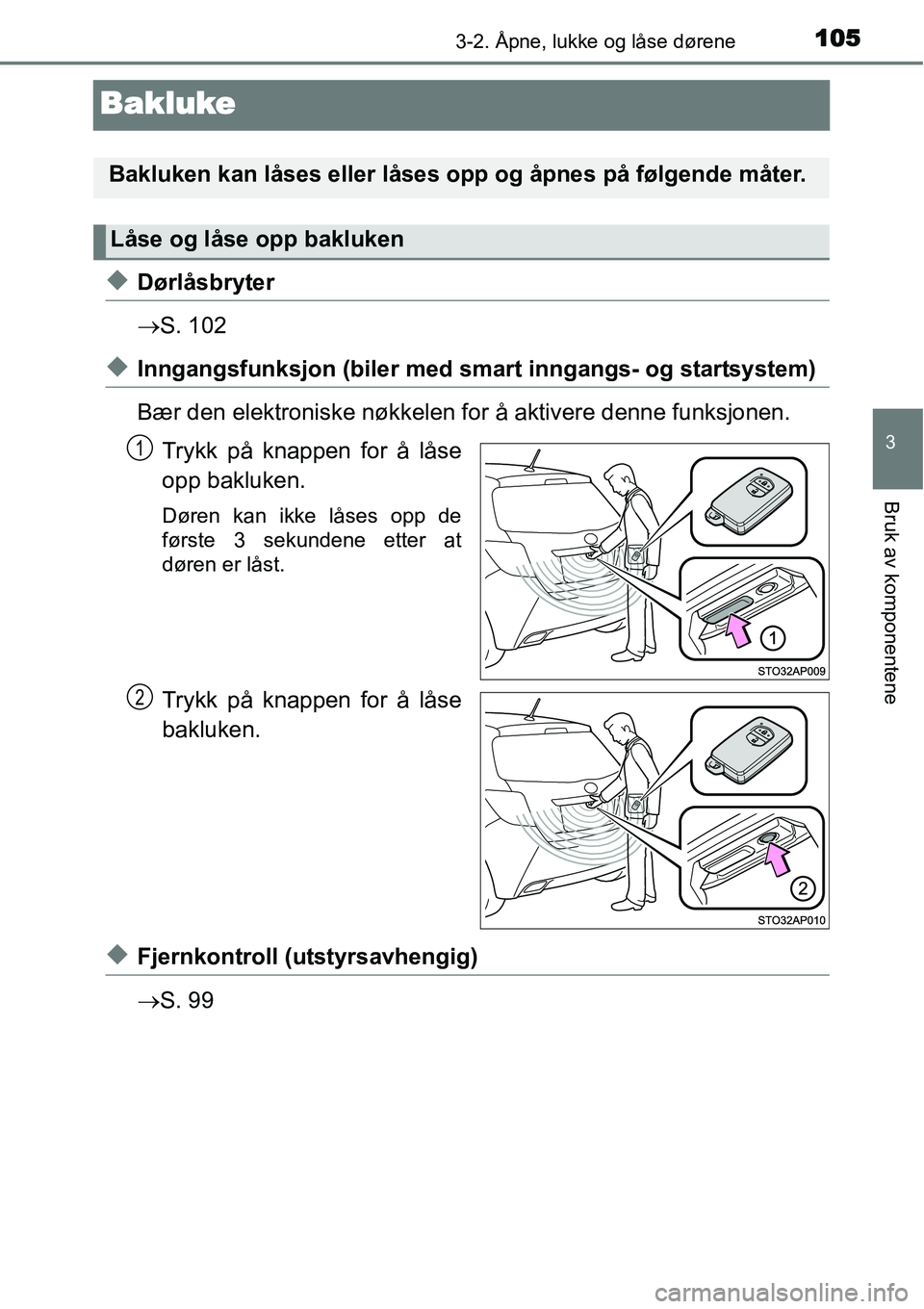 TOYOTA YARIS HATCHBACK 2014  Instruksjoner for bruk (in Norwegian) 105
3
3-2. Åpne, lukke og låse dørene
Bruk av komponentene
Bakluke
◆Dørlåsbryter
→S. 102
◆Inngangsfunksjon (biler med smart inngangs- og startsystem)
Bær den elektroniske nøkkelen for å 