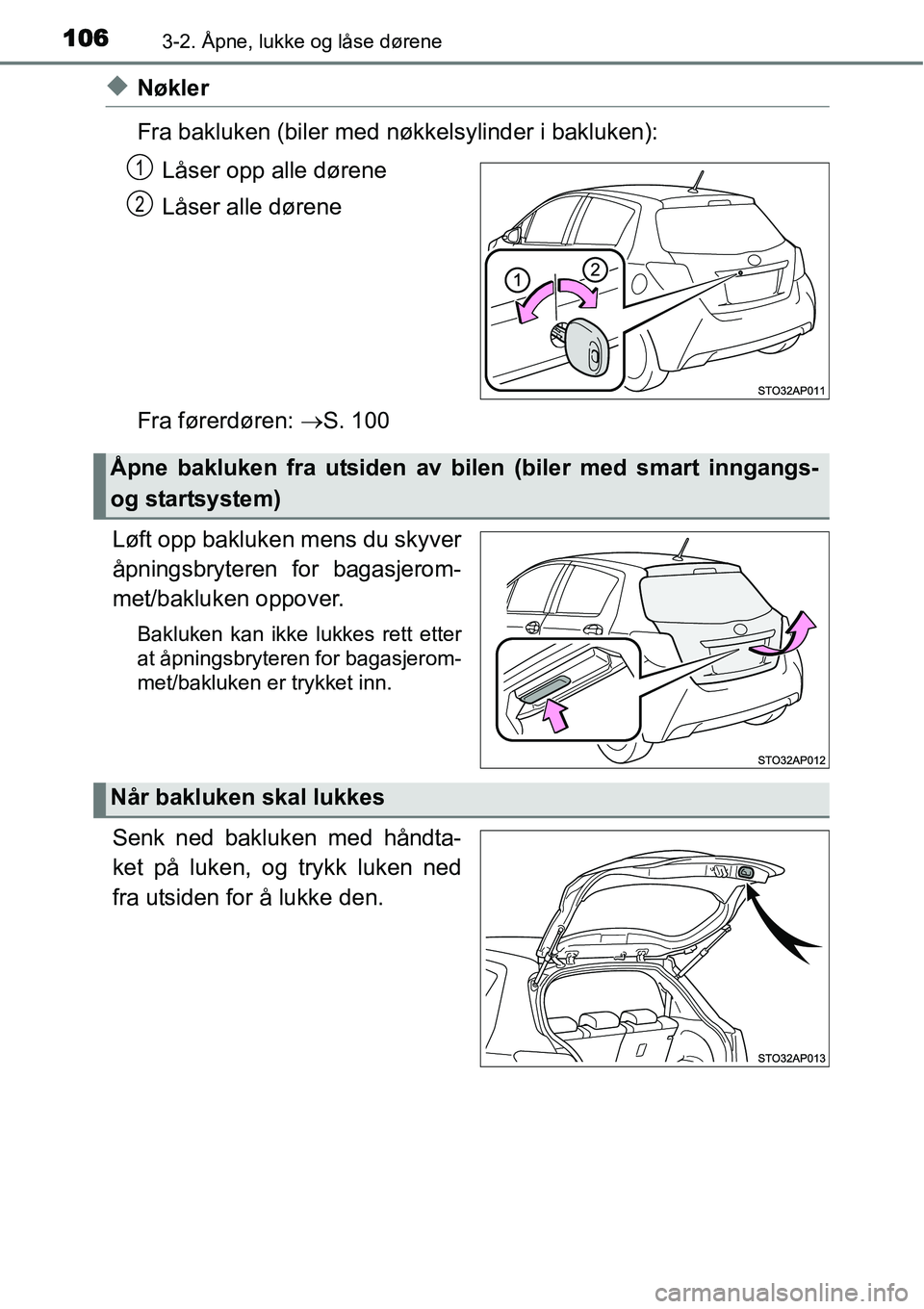 TOYOTA YARIS HATCHBACK 2014  Instruksjoner for bruk (in Norwegian) 1063-2. Åpne, lukke og låse dørene
◆Nøkler
Fra bakluken (biler med nøkkelsylinder i bakluken):
Låser opp alle dørene
Låser alle dørene
Fra førerdøren: →S. 100
Løft opp bakluken mens du