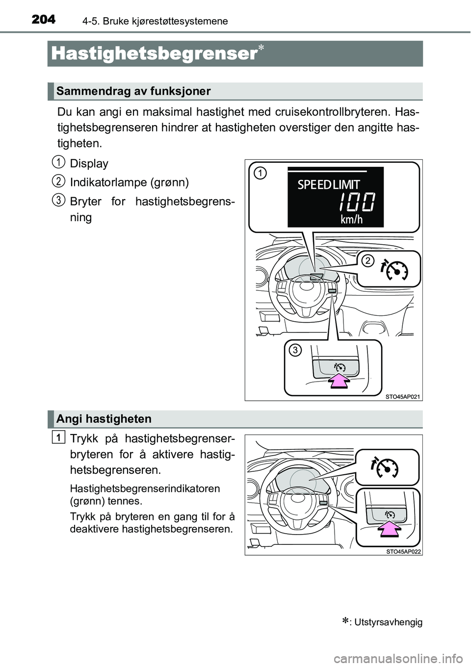 TOYOTA YARIS HATCHBACK 2014 Instruksjoner for bruk (in Norwegian) 2044-5. Bruke kjørestøttesystemene
Hastighetsbegrenser∗
∗
Du kan angi en maksimal hastighet med cruisekontrollbryteren. Has-
tighetsbegrenseren hindrer at hastigheten overstiger den angitte has- TOYOTA YARIS HATCHBACK 2014 Instruksjoner for bruk (in Norwegian) 2044-5. Bruke kjørestøttesystemene
Hastighetsbegrenser∗
∗
Du kan angi en maksimal hastighet med cruisekontrollbryteren. Has-
tighetsbegrenseren hindrer at hastigheten overstiger den angitte has-