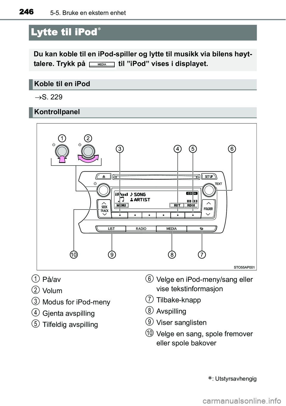 TOYOTA YARIS HATCHBACK 2014 Instruksjoner for bruk (in Norwegian) 2465-5. Bruke en ekstern enhet
Lytte til iPod∗
→S. 229
∗: Utstyrsavhengig
Du kan koble til en iPod-spiller og lytte til musikk via bilens høyt-
talere. Trykk på til ”iPod” vises i displa TOYOTA YARIS HATCHBACK 2014 Instruksjoner for bruk (in Norwegian) 2465-5. Bruke en ekstern enhet
Lytte til iPod∗
→S. 229
∗: Utstyrsavhengig
Du kan koble til en iPod-spiller og lytte til musikk via bilens høyt-
talere. Trykk på til ”iPod” vises i displa