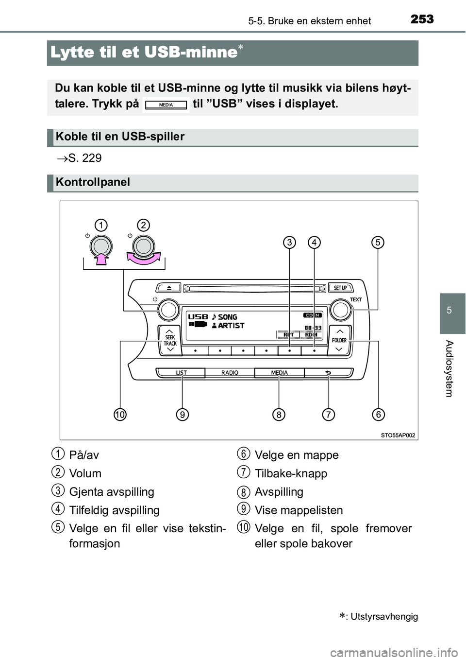 TOYOTA YARIS HATCHBACK 2014 Instruksjoner for bruk (in Norwegian) 253
5
5-5. Bruke en ekstern enhet
Audiosystem
Lytte til et USB-minne∗
→S. 229
∗: Utstyrsavhengig
Du kan koble til et USB-minne og lytte til musikk via bilens høyt-
talere. Trykk på til ”US TOYOTA YARIS HATCHBACK 2014 Instruksjoner for bruk (in Norwegian) 253
5
5-5. Bruke en ekstern enhet
Audiosystem
Lytte til et USB-minne∗
→S. 229
∗: Utstyrsavhengig
Du kan koble til et USB-minne og lytte til musikk via bilens høyt-
talere. Trykk på til ”US
