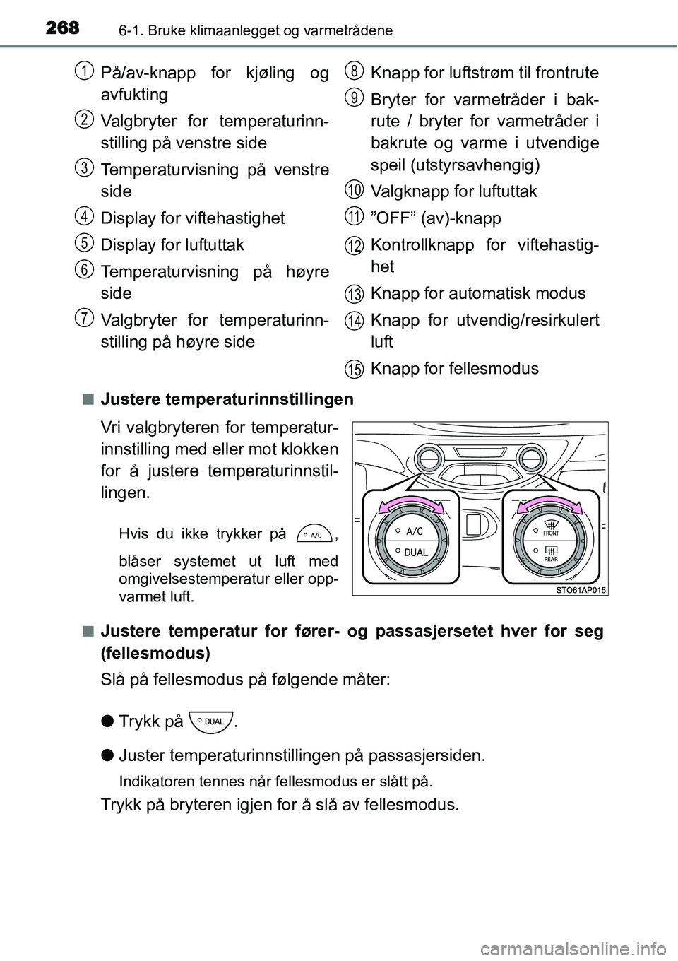 TOYOTA YARIS HATCHBACK 2014 Instruksjoner for bruk (in Norwegian) 2686-1. Bruke klimaanlegget og varmetrådene
■Justere temperaturinnstillingen
Vri valgbryteren for temperatur-
innstilling med eller mot klokken
for å justere temperaturinnstil-
lingen.
Hvis du ikk TOYOTA YARIS HATCHBACK 2014 Instruksjoner for bruk (in Norwegian) 2686-1. Bruke klimaanlegget og varmetrådene
■Justere temperaturinnstillingen
Vri valgbryteren for temperatur-
innstilling med eller mot klokken
for å justere temperaturinnstil-
lingen.
Hvis du ikk