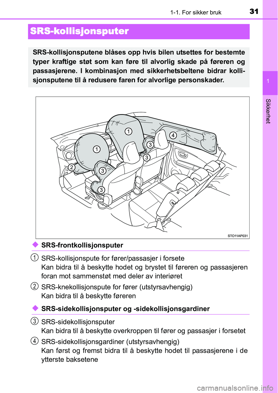 TOYOTA YARIS HATCHBACK 2014 Instruksjoner for bruk (in Norwegian) 311-1. For sikker bruk
1
Sikkerhet
SRS-kollisjonsputer
◆SRS-frontkollisjonsputer
SRS-kollisjonspute for fører/passasjer i forsete
Kan bidra til å beskytte hodet og brystet til føreren og passasje TOYOTA YARIS HATCHBACK 2014 Instruksjoner for bruk (in Norwegian) 311-1. For sikker bruk
1
Sikkerhet
SRS-kollisjonsputer
◆SRS-frontkollisjonsputer
SRS-kollisjonspute for fører/passasjer i forsete
Kan bidra til å beskytte hodet og brystet til føreren og passasje