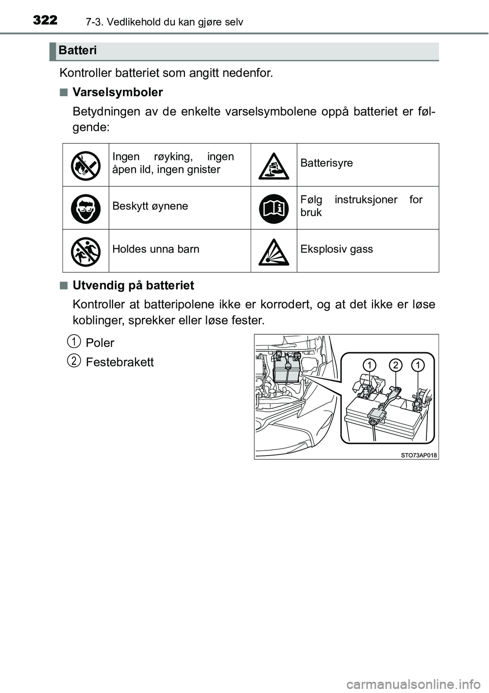 TOYOTA YARIS HATCHBACK 2014  Instruksjoner for bruk (in Norwegian) 3227-3. Vedlikehold du kan gjøre selv
Kontroller batteriet som angitt nedenfor.
■Varselsymboler
Betydningen av de enkelte varselsymbolene oppå batteriet er føl-
gende:
■Utvendig på batteriet
K