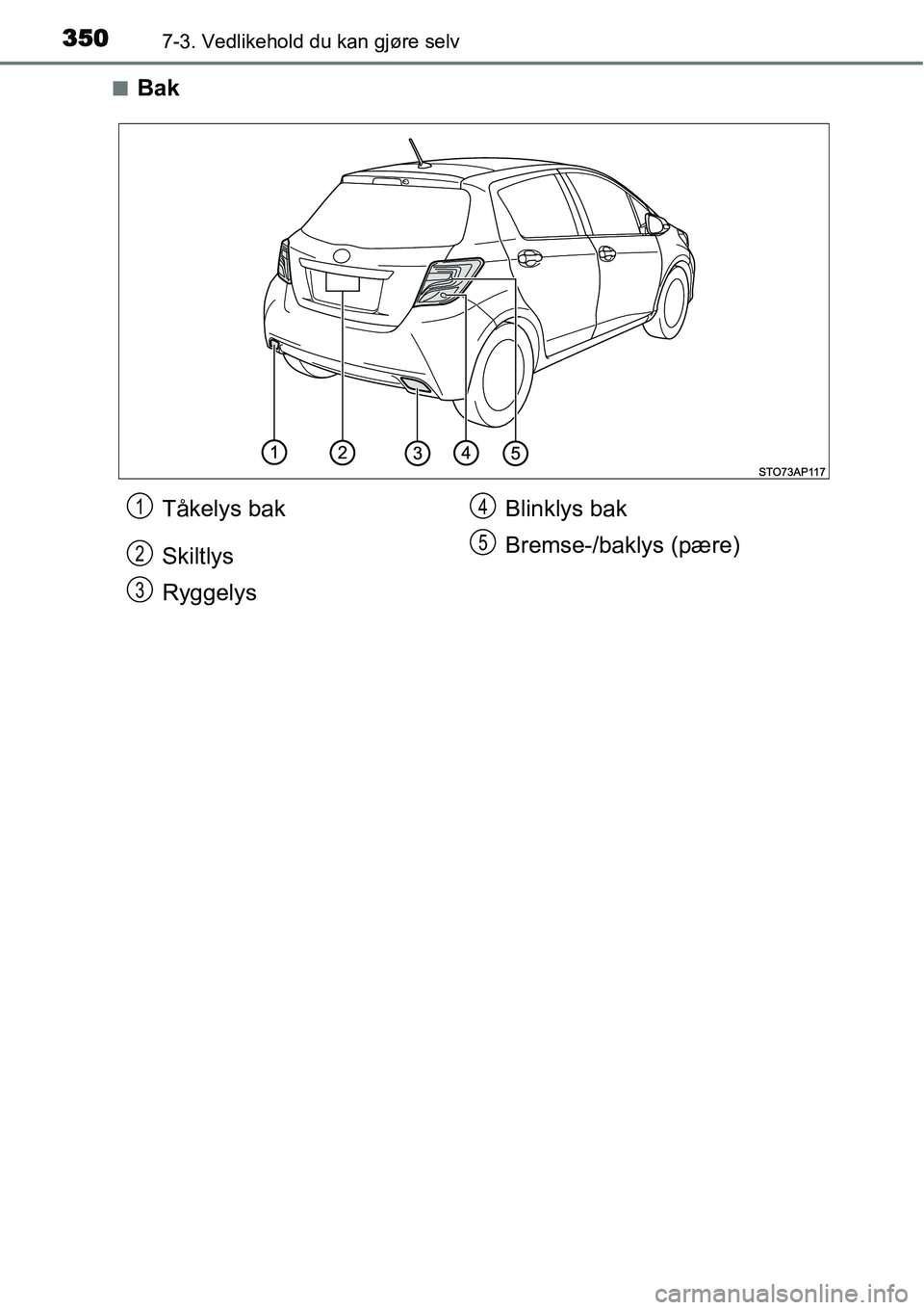TOYOTA YARIS HATCHBACK 2014  Instruksjoner for bruk (in Norwegian) 3507-3. Vedlikehold du kan gjøre selv
■Bak
Tåkelys bak
Skiltlys
RyggelysBlinklys bak
Bremse-/baklys (pære)1
2
3
4
5 