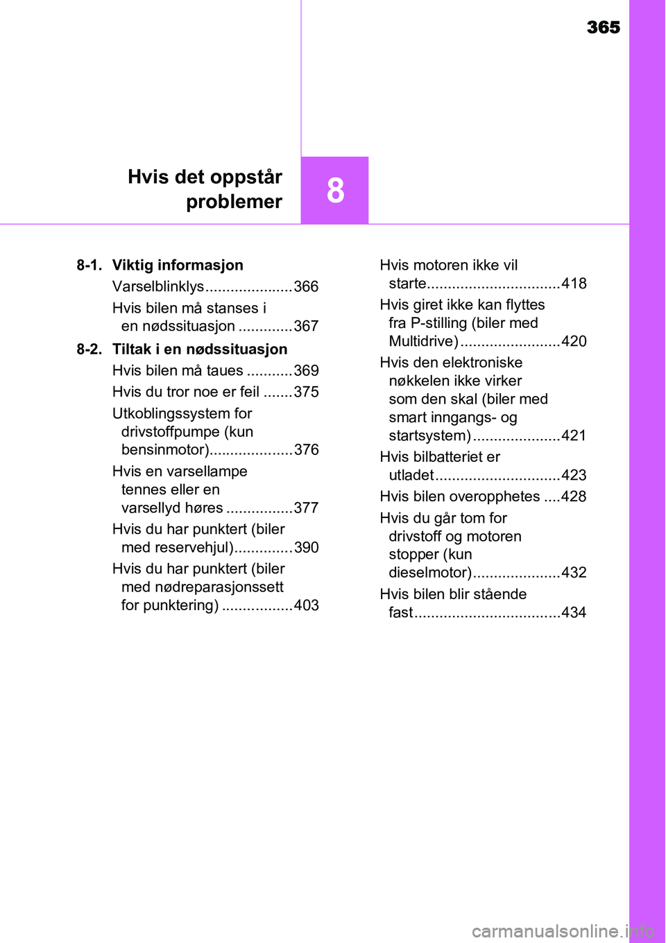 TOYOTA YARIS HATCHBACK 2014 Instruksjoner for bruk (in Norwegian) 365
8
Hvis det oppstår
problemer
8-1. Viktig informasjon
Varselblinklys..................... 366
Hvis bilen må stanses i
en nødssituasjon ............. 367
8-2. Tiltak i en nødssituasjon
Hvis bil TOYOTA YARIS HATCHBACK 2014 Instruksjoner for bruk (in Norwegian) 365
8
Hvis det oppstår
problemer
8-1. Viktig informasjon
Varselblinklys..................... 366
Hvis bilen må stanses i
en nødssituasjon ............. 367
8-2. Tiltak i en nødssituasjon
Hvis bil