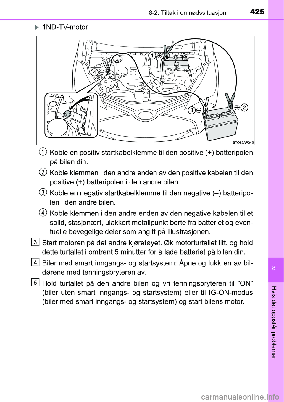 TOYOTA YARIS HATCHBACK 2014  Instruksjoner for bruk (in Norwegian) 4258-2. Tiltak i en nødssituasjon
8
Hvis det oppstår problemer
�X1ND-TV-motor
Koble en positiv startkabelklemme til den positive (+) batteripolen
på bilen din.
Koble klemmen i den andre enden av de