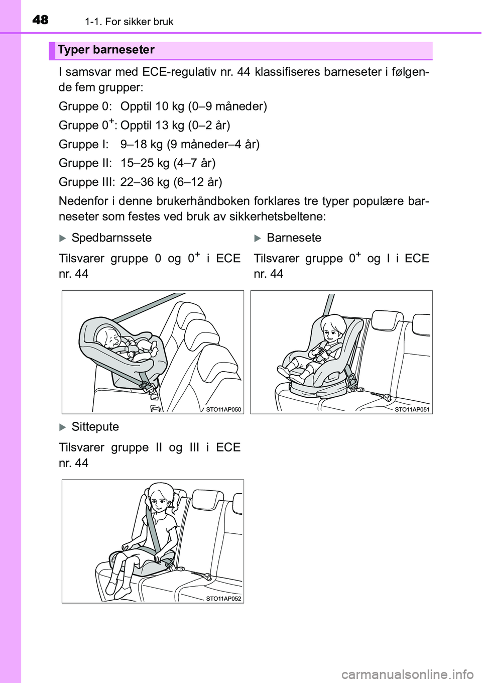 TOYOTA YARIS HATCHBACK 2014  Instruksjoner for bruk (in Norwegian) 481-1. For sikker bruk
I samsvar med ECE-regulativ nr. 44 klassifiseres barneseter i følgen-
de fem grupper:
Gruppe 0: Opptil 10 kg (0–9 måneder)
Gruppe 0
+: Opptil 13 kg (0–2 år)
Gruppe I: 9