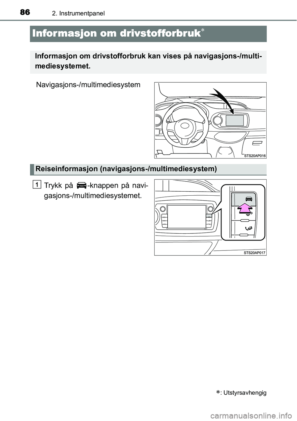 TOYOTA YARIS HATCHBACK 2014  Instruksjoner for bruk (in Norwegian) 862. Instrumentpanel
Infor masjon om drivstofforbruk∗
Navigasjons-/multimediesystem
Trykk på  -knappen på navi-
gasjons-/multimediesystemet.
∗: Utstyrsavhengig
Informasjon om drivstofforbruk kan