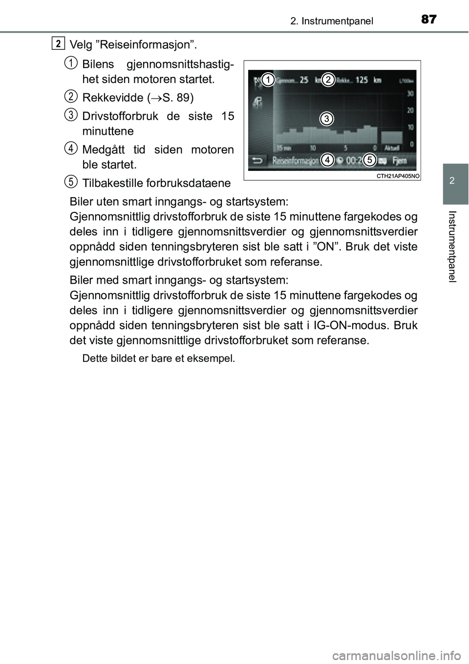 TOYOTA YARIS HATCHBACK 2014  Instruksjoner for bruk (in Norwegian) 872. Instrumentpanel
2
Instrumentpanel
Velg ”Reiseinformasjon”.
Bilens gjennomsnittshastig-
het siden motoren startet.
Rekkevidde (→S. 89)
Drivstofforbruk de siste 15
minuttene
Medgått tid side