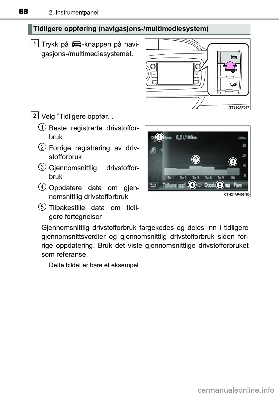 TOYOTA YARIS HATCHBACK 2014  Instruksjoner for bruk (in Norwegian) 882. Instrumentpanel
Trykk på  -knappen på navi-
gasjons-/multimediesystemet.
Velg ”Tidligere oppfør.”.
Beste registrerte drivstoffor-
bruk
Forrige registrering av driv-
stofforbruk
Gjennomsnit