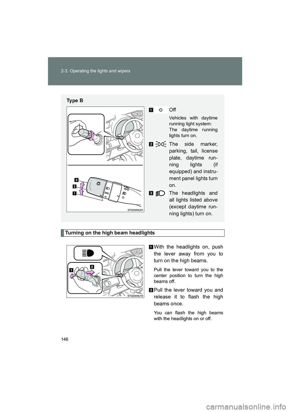 TOYOTA YARIS HATCHBACK 2013  Owners Manual 146 2-3. Operating the lights and wipers
YARIS_HB_U_52D44U
Turning on the high beam headlightsWith the headlights on, push
the lever away from you to
turn on the high beams. 
Pull the lever toward you