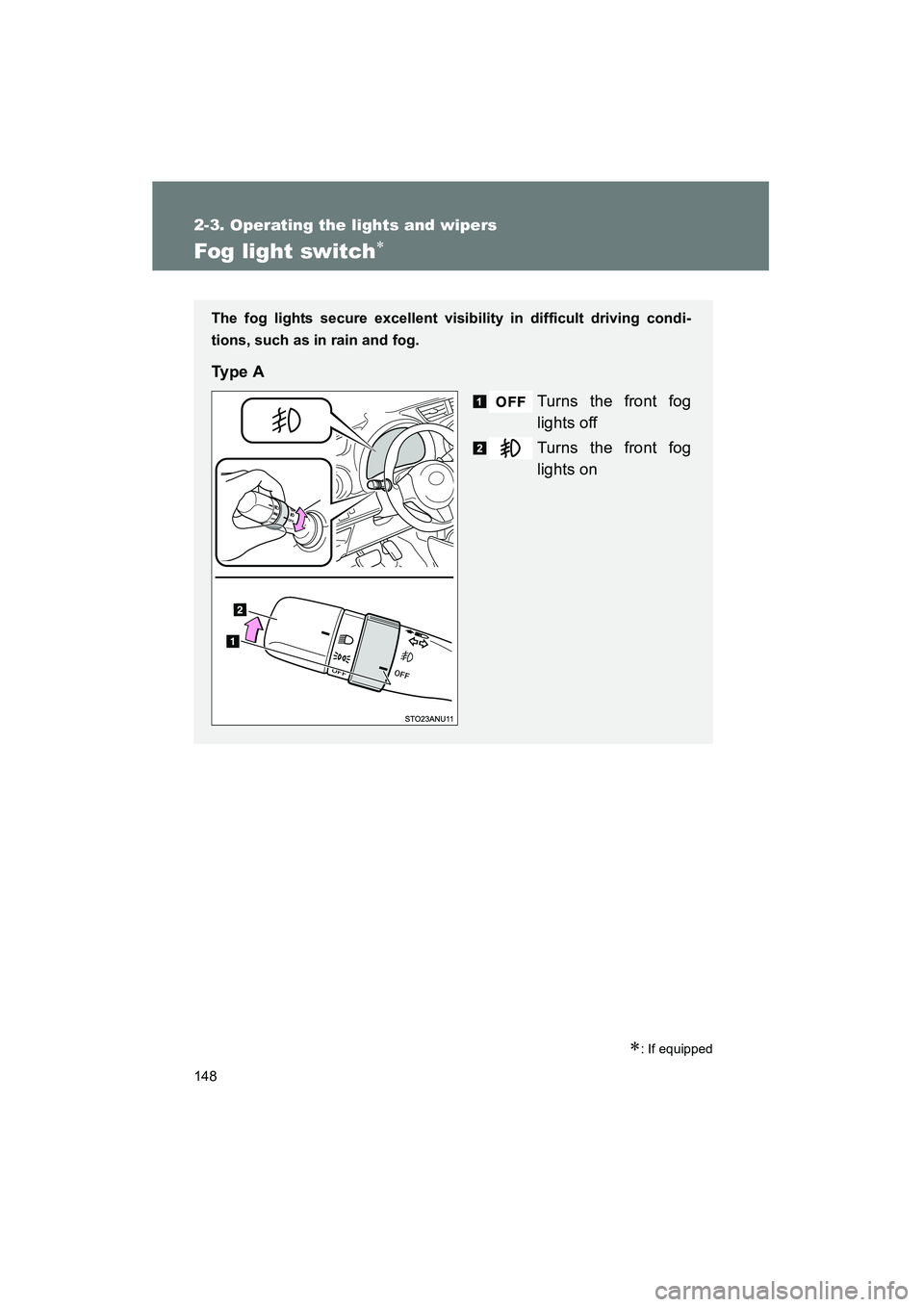 TOYOTA YARIS HATCHBACK 2013  Owners Manual 148
2-3. Operating the lights and wipers
YARIS_HB_U_52D44U
Fog light switch∗
∗: If equipped
The fog lights secure excellent visibility in difficult driving condi-
tions, such as in rain and fog.
T