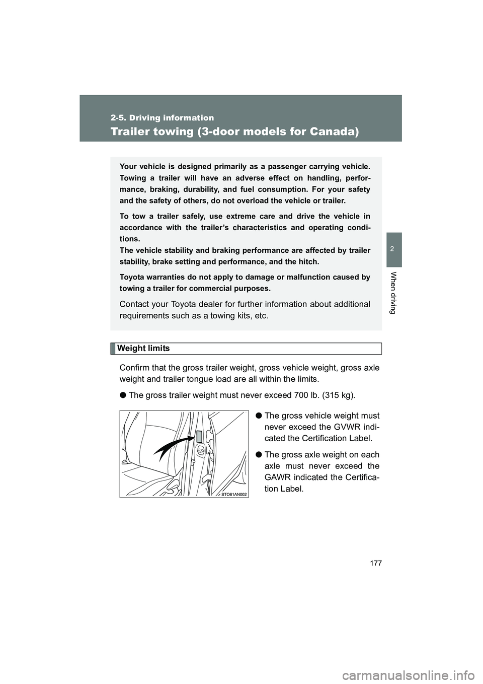 TOYOTA YARIS HATCHBACK 2013 Owners Manual 177
2-5. Driving information
2
When driving
YARIS_HB_U_52D44U
Trailer towing (3-door models for Canada)
Weight limitsConfirm that the gross trailer weight, gross vehicle weight, gross axle
weight and TOYOTA YARIS HATCHBACK 2013 Owners Manual 177
2-5. Driving information
2
When driving
YARIS_HB_U_52D44U
Trailer towing (3-door models for Canada)
Weight limitsConfirm that the gross trailer weight, gross vehicle weight, gross axle
weight and