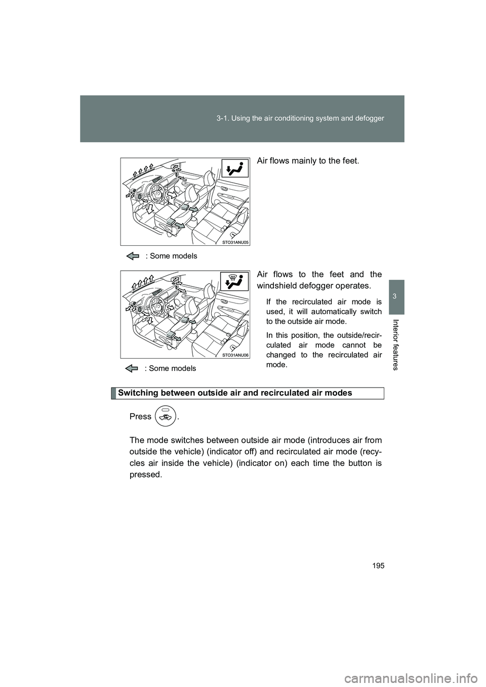 TOYOTA YARIS HATCHBACK 2013  Owners Manual 195
3-1. Using the air conditioning system and defogger
3
Interior features
YARIS_HB_U_52D44U
Air flows mainly to the feet.
: Some models
Air flows to the feet and the
windshield defogger operates.
If