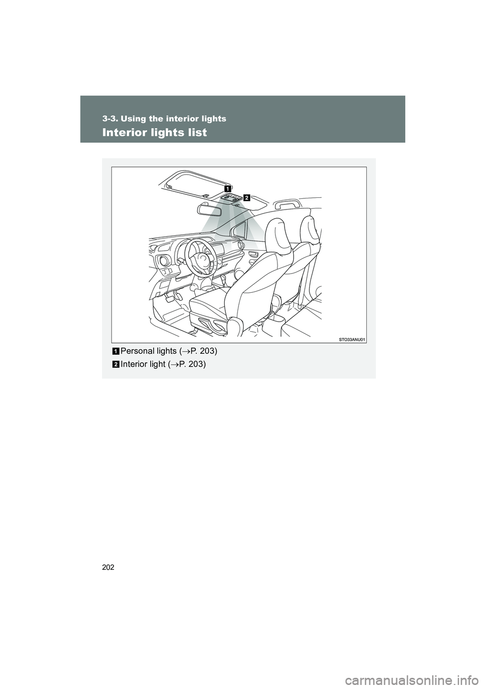 TOYOTA YARIS HATCHBACK 2013  Owners Manual 202
YARIS_HB_U_52D44U
3-3. Using the interior lights
Interior lights list
Personal lights (→P. 203)
Interior light ( →P. 203) 