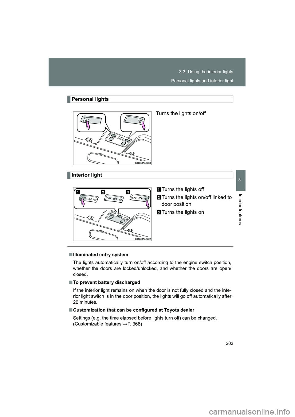 TOYOTA YARIS HATCHBACK 2013  Owners Manual 203
3-3. Using the interior lights
3
Interior features
YARIS_HB_U_52D44U
Personal lights
Turns the lights on/off
Interior light
Turns the lights off
Turns the lights on/off linked to
door position
Tur