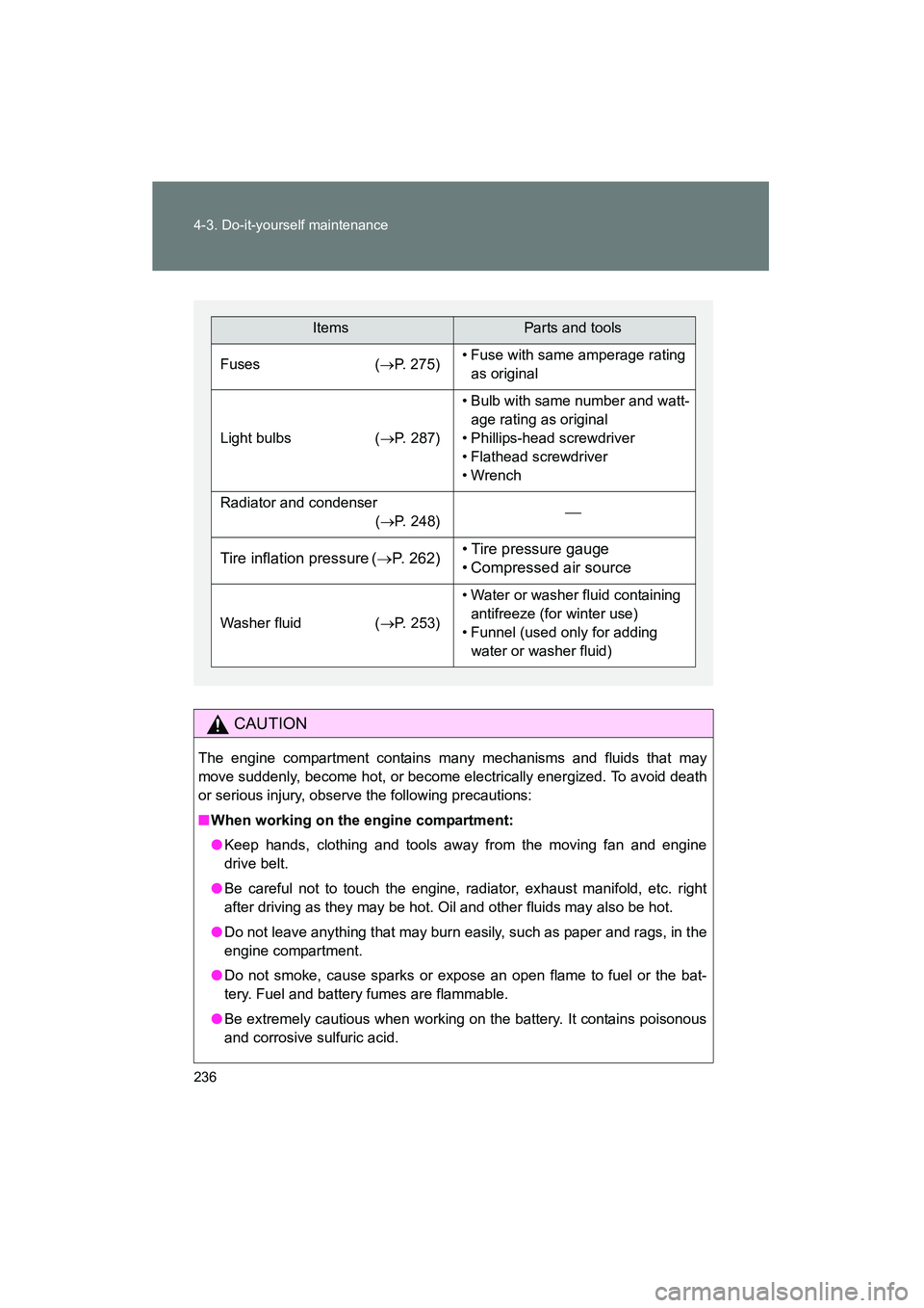 TOYOTA YARIS HATCHBACK 2013  Owners Manual 236 4-3. Do-it-yourself maintenance
YARIS_HB_U_52D44U
CAUTION
The engine compartment contains many mechanisms and fluids that may
move suddenly, become hot, or become electrically energized. To avoid 