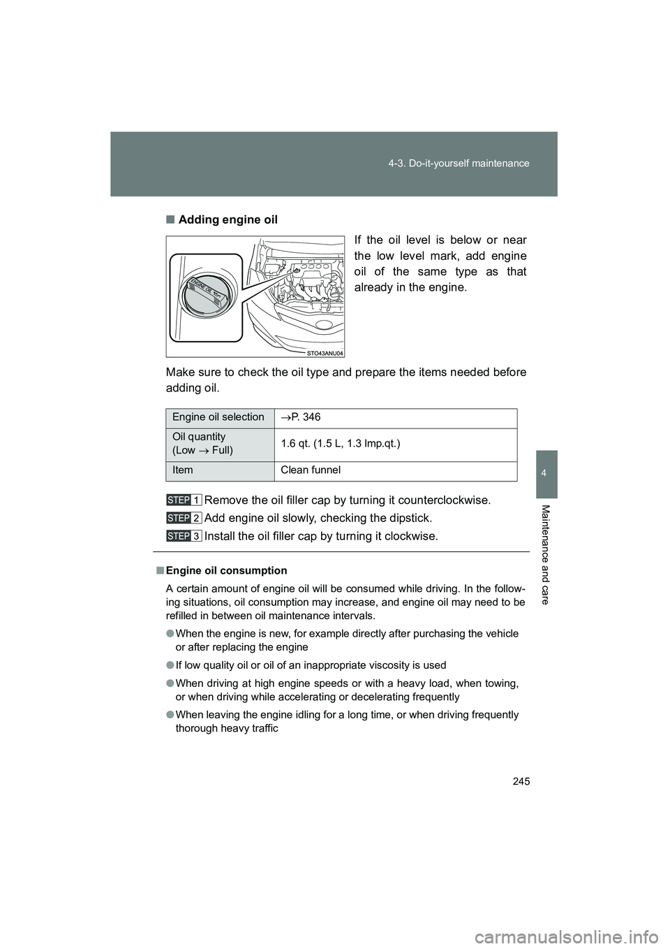 TOYOTA YARIS HATCHBACK 2013 Owners Manual 245
4-3. Do-it-yourself maintenance
4
Maintenance and care
YARIS_HB_U_52D44U
■
Adding engine oil
If the oil level is below or near
the low level mark, add engine
oil of the same type as that
already TOYOTA YARIS HATCHBACK 2013 Owners Manual 245
4-3. Do-it-yourself maintenance
4
Maintenance and care
YARIS_HB_U_52D44U
■
Adding engine oil
If the oil level is below or near
the low level mark, add engine
oil of the same type as that
already