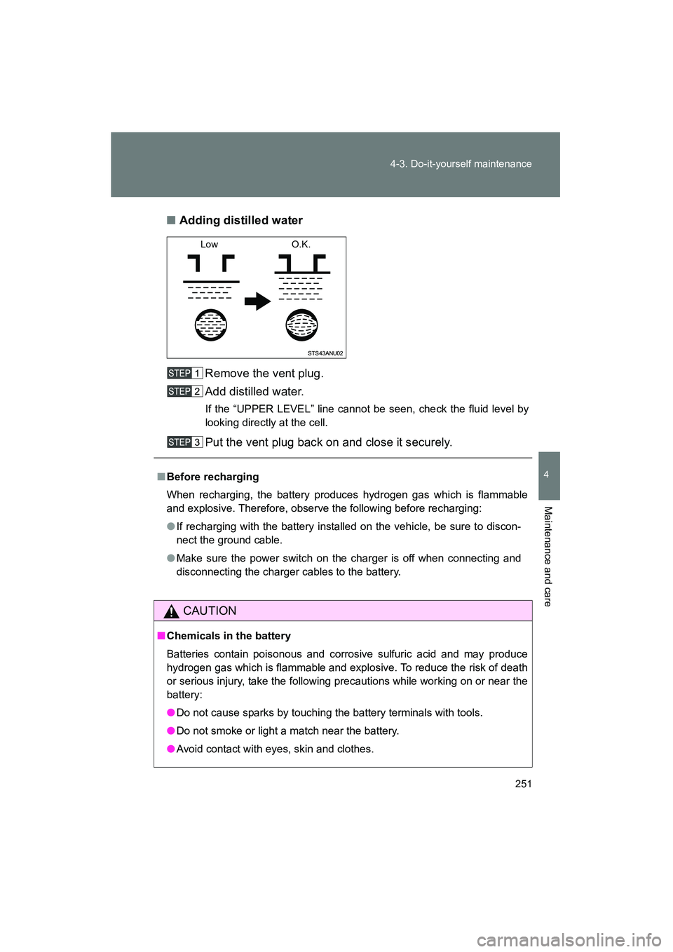 TOYOTA YARIS HATCHBACK 2013 Owners Manual 251
4-3. Do-it-yourself maintenance
4
Maintenance and care
YARIS_HB_U_52D44U
■
Adding distilled water
Remove the vent plug.
Add distilled water.
If the “UPPER LEVEL” line cannot be seen, check t TOYOTA YARIS HATCHBACK 2013 Owners Manual 251
4-3. Do-it-yourself maintenance
4
Maintenance and care
YARIS_HB_U_52D44U
■
Adding distilled water
Remove the vent plug.
Add distilled water.
If the “UPPER LEVEL” line cannot be seen, check t