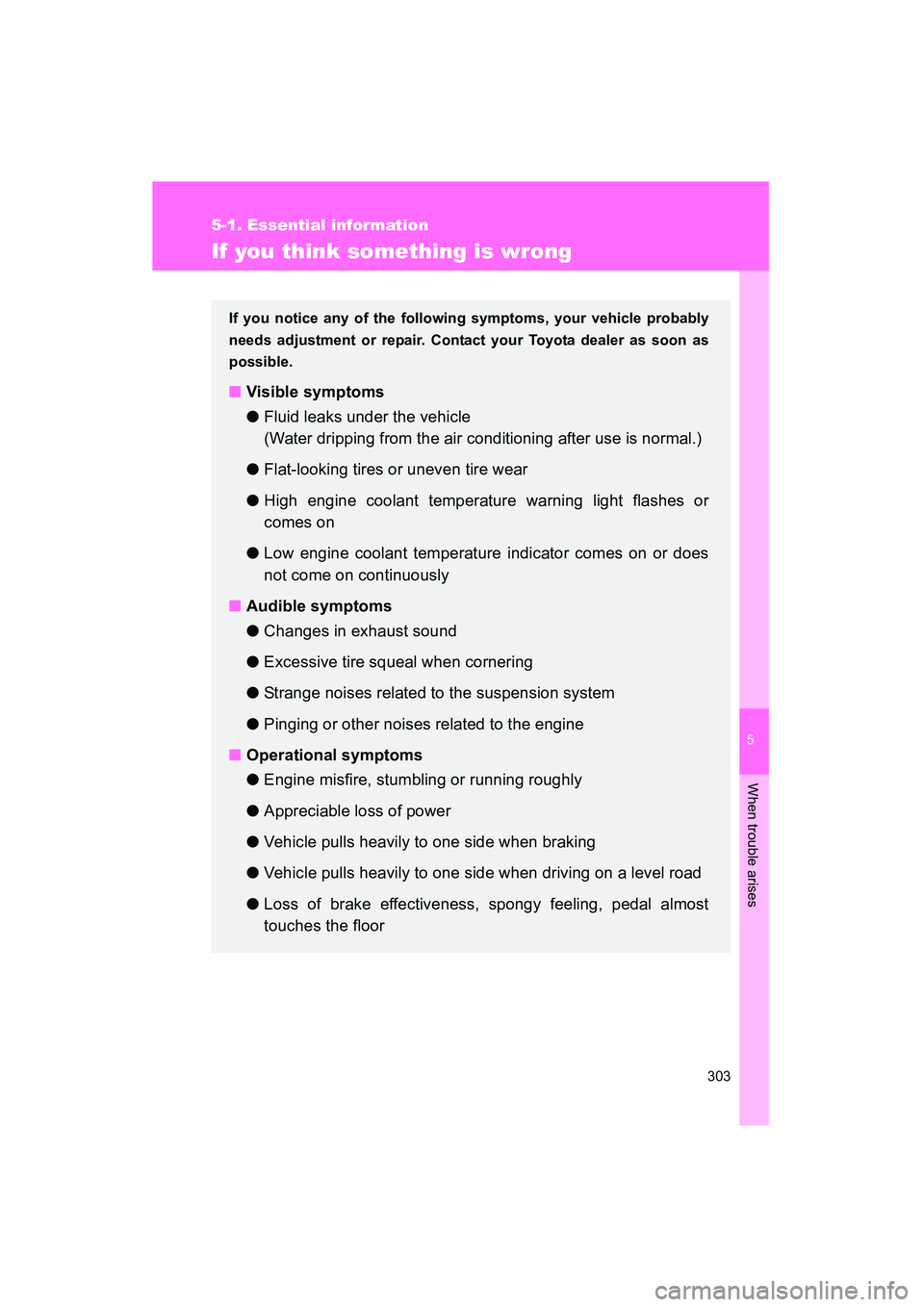 TOYOTA YARIS HATCHBACK 2013 Owners Manual 5
When trouble arises
303
5-1. Essential information
YARIS_HB_U_52D44U
If you think something is wrong
If you notice any of the following symptoms, your vehicle probably
needs adjustment or repair. Co TOYOTA YARIS HATCHBACK 2013 Owners Manual 5
When trouble arises
303
5-1. Essential information
YARIS_HB_U_52D44U
If you think something is wrong
If you notice any of the following symptoms, your vehicle probably
needs adjustment or repair. Co