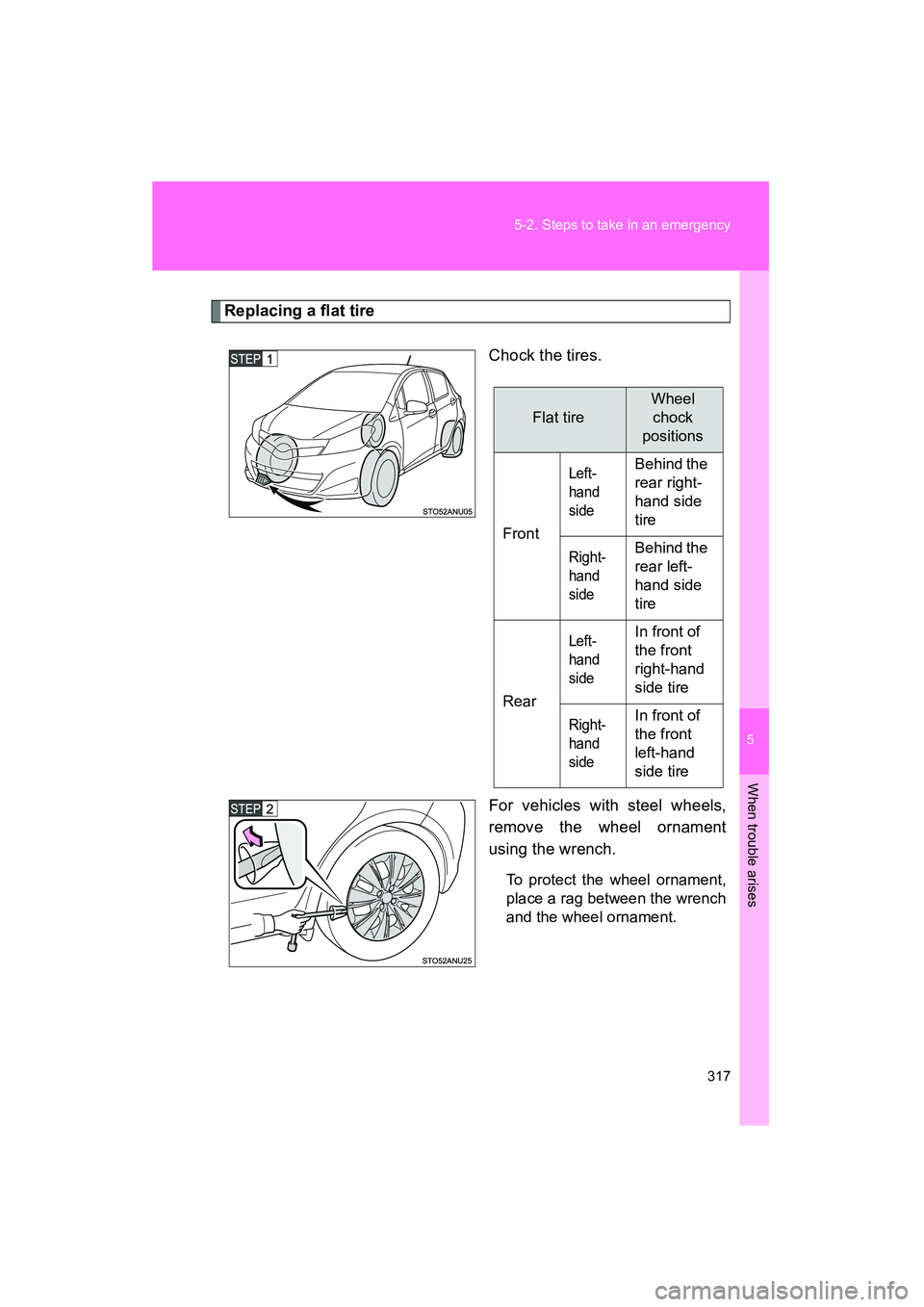 TOYOTA YARIS HATCHBACK 2013 Owners Manual 5
When trouble arises
317
5-2. Steps to take in an emergency
YARIS_HB_U_52D44U
Replacing a flat tire
Chock the tires.
For vehicles with steel wheels,
remove the wheel ornament
using the wrench.
To pro TOYOTA YARIS HATCHBACK 2013 Owners Manual 5
When trouble arises
317
5-2. Steps to take in an emergency
YARIS_HB_U_52D44U
Replacing a flat tire
Chock the tires.
For vehicles with steel wheels,
remove the wheel ornament
using the wrench.
To pro