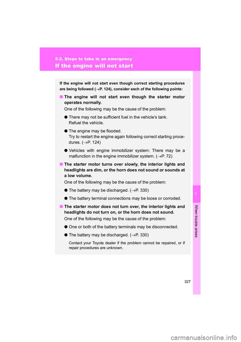TOYOTA YARIS HATCHBACK 2013  Owners Manual 5
When trouble arises
327
5-2. Steps to take in an emergency
YARIS_HB_U_52D44U
If the engine will not start
If the engine will not start even though correct starting procedures
are being followed ( 