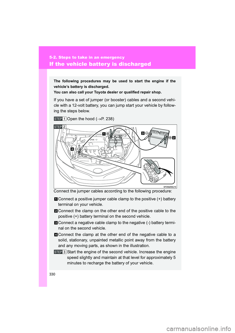 TOYOTA YARIS HATCHBACK 2013  Owners Manual 330
5-2. Steps to take in an emergency
YARIS_HB_U_52D44U
If the vehicle batter y is discharged
The following procedures may be used to start the engine if the
vehicle’s battery is discharged.
You ca