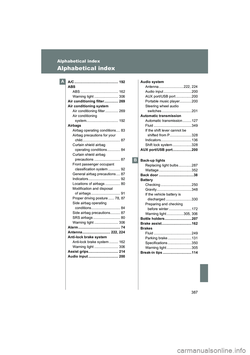 TOYOTA YARIS HATCHBACK 2013  Owners Manual 387
YARIS_HB_U_52D44U
Alphabetical index
Alphabetical index
A/C ............................................ 192
ABSABS ...................................... 162
Warning light .......................