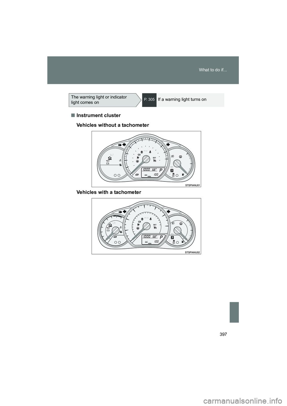 TOYOTA YARIS HATCHBACK 2013 Owners Manual 397
What to do if...
YARIS_HB_U_52D44U
■
Instrument cluster
Vehicles without a tachometer
Vehicles with a tachometer
The warning light or indicator
light comes onP. 305If a warning light turns on TOYOTA YARIS HATCHBACK 2013 Owners Manual 397
What to do if...
YARIS_HB_U_52D44U
■
Instrument cluster
Vehicles without a tachometer
Vehicles with a tachometer
The warning light or indicator
light comes onP. 305If a warning light turns on