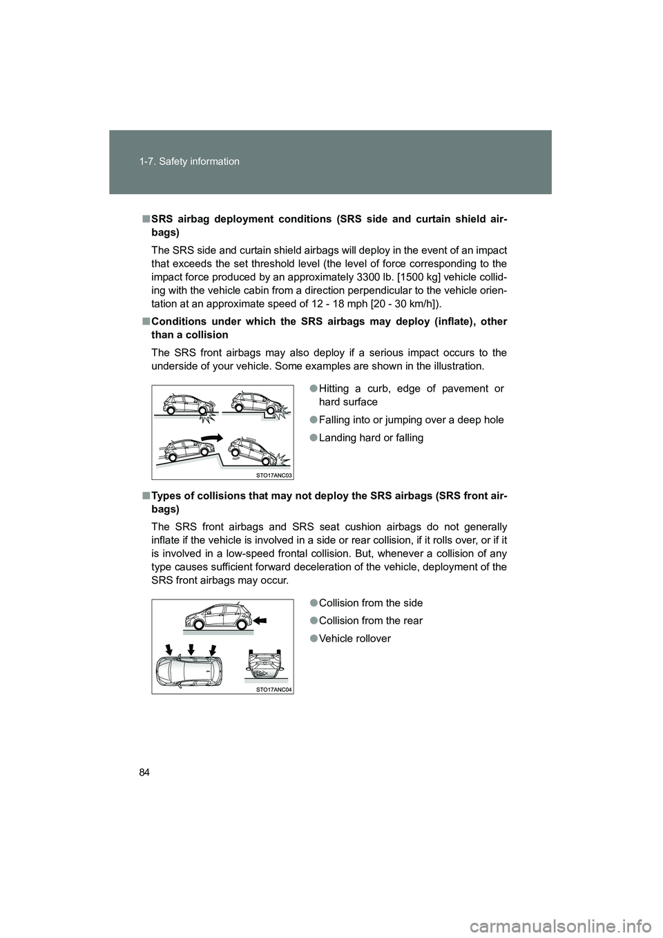 TOYOTA YARIS HATCHBACK 2013 Manual Online 84 1-7. Safety information
YARIS_HB_U_52D44U
■SRS airbag deployment conditions (SRS side and curtain shield air-
bags)
The SRS side and curtain shield airbags will deploy in the event of an impact
t TOYOTA YARIS HATCHBACK 2013 Manual Online 84 1-7. Safety information
YARIS_HB_U_52D44U
■SRS airbag deployment conditions (SRS side and curtain shield air-
bags)
The SRS side and curtain shield airbags will deploy in the event of an impact
t