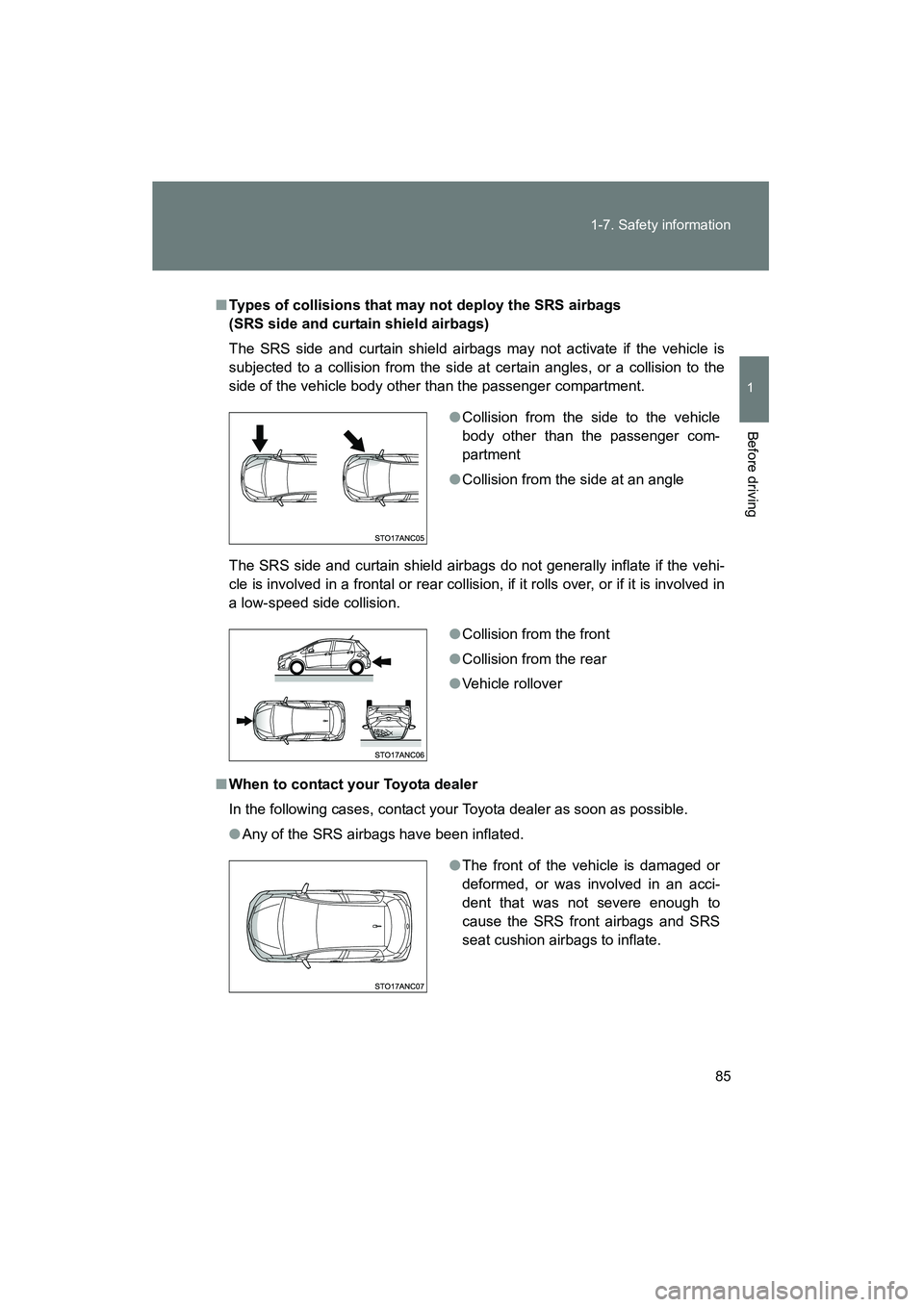 TOYOTA YARIS HATCHBACK 2013 Manual Online 85
1-7. Safety information
1
Before driving
YARIS_HB_U_52D44U
■
Types of collisions that may not deploy the SRS airbags
(SRS side and curtain shield airbags)
The SRS side and curtain shield airbag TOYOTA YARIS HATCHBACK 2013 Manual Online 85
1-7. Safety information
1
Before driving
YARIS_HB_U_52D44U
■
Types of collisions that may not deploy the SRS airbags
(SRS side and curtain shield airbags)
The SRS side and curtain shield airbag