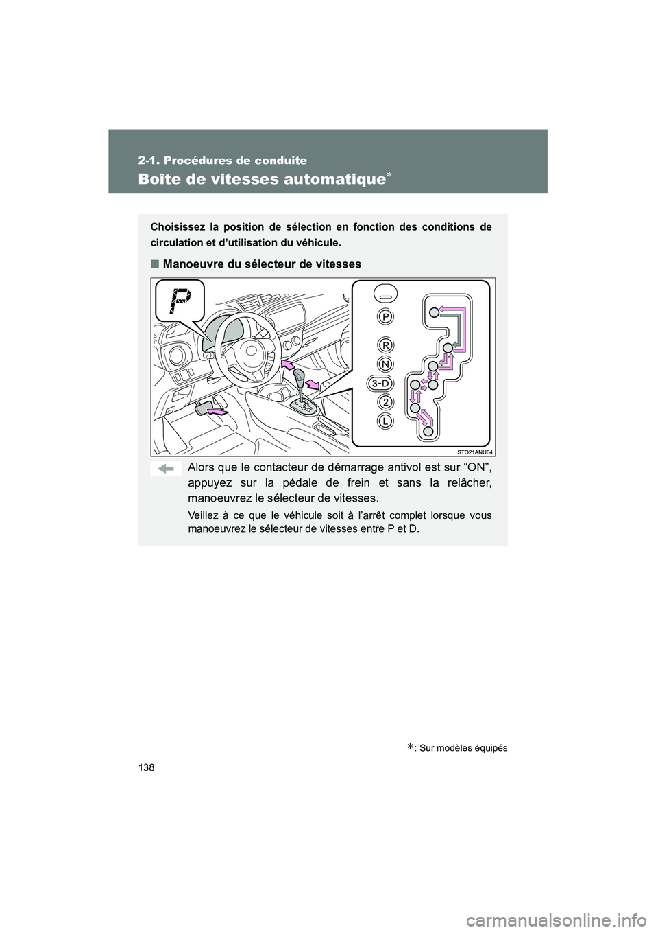 TOYOTA YARIS HATCHBACK 2013 Manuel du propriétaire (in French) 138
2-1. Procédures de conduite
YARIS_HB_D_52D44D
Boîte de vitesses automatique∗
∗: Sur modèles équipés
Choisissez la position de sélection en fonction des conditions de
circulation et d’u TOYOTA YARIS HATCHBACK 2013 Manuel du propriétaire (in French) 138
2-1. Procédures de conduite
YARIS_HB_D_52D44D
Boîte de vitesses automatique∗
∗: Sur modèles équipés
Choisissez la position de sélection en fonction des conditions de
circulation et d’u