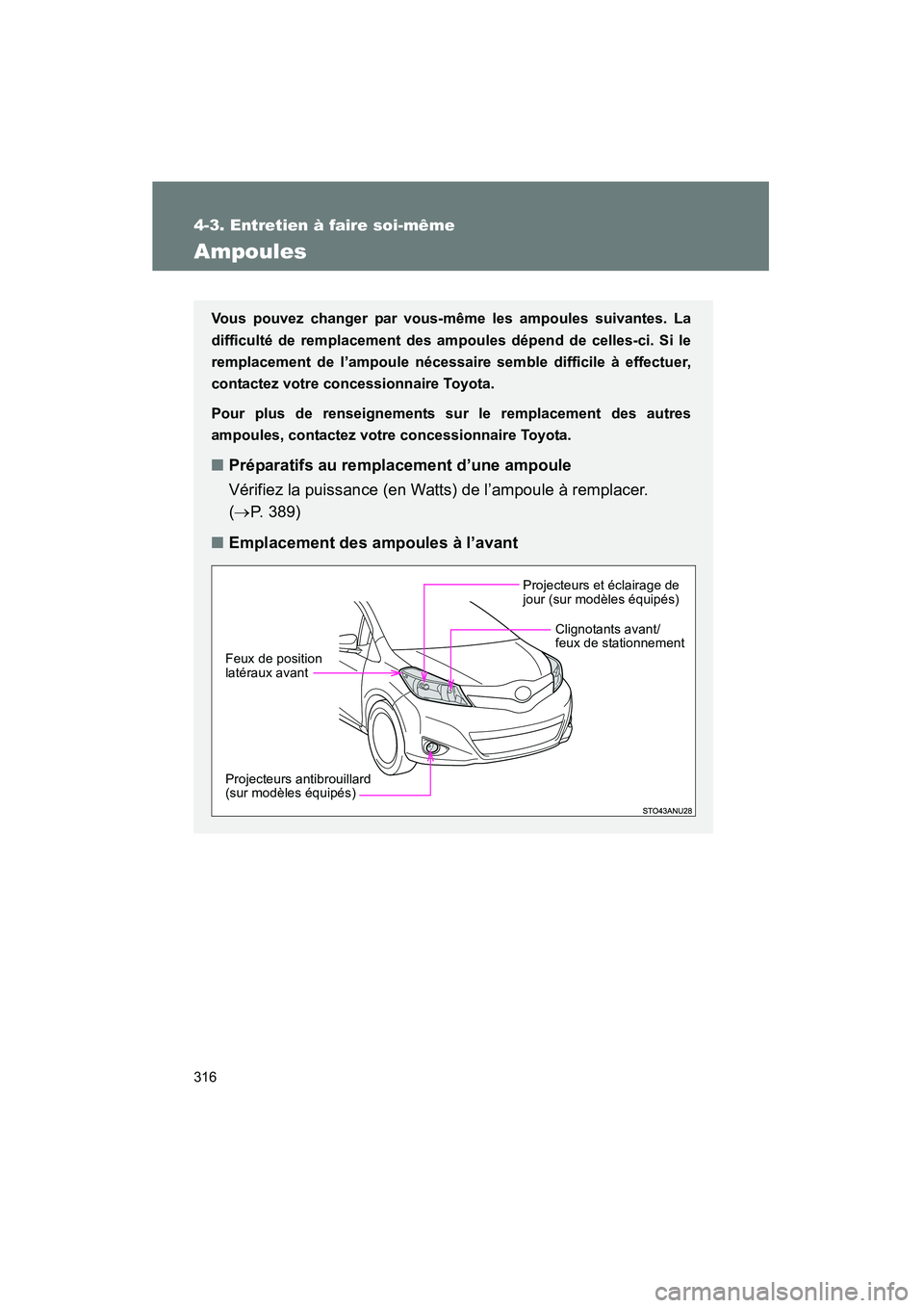 TOYOTA YARIS HATCHBACK 2013 Manuel du propriétaire (in French) 316
4-3. Entretien à faire soi-même
YARIS_HB_D_52D44D
Ampoules
Vous pouvez changer par vous-même les ampoules suivantes. La
difficulté de remplacement des ampoules dépend de celles-ci. Si le
remp TOYOTA YARIS HATCHBACK 2013 Manuel du propriétaire (in French) 316
4-3. Entretien à faire soi-même
YARIS_HB_D_52D44D
Ampoules
Vous pouvez changer par vous-même les ampoules suivantes. La
difficulté de remplacement des ampoules dépend de celles-ci. Si le
remp