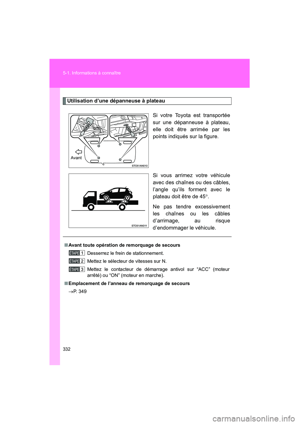 TOYOTA YARIS HATCHBACK 2013 Manuel du propriétaire (in French) 332 5-1. Informations à connaître
YARIS_HB_D_52D44D
Utilisation d’une dépanneuse à plateauSi votre Toyota est transportée
sur une dépanneuse à plateau,
elle doit être arrimée par les
points TOYOTA YARIS HATCHBACK 2013 Manuel du propriétaire (in French) 332 5-1. Informations à connaître
YARIS_HB_D_52D44D
Utilisation d’une dépanneuse à plateauSi votre Toyota est transportée
sur une dépanneuse à plateau,
elle doit être arrimée par les
points