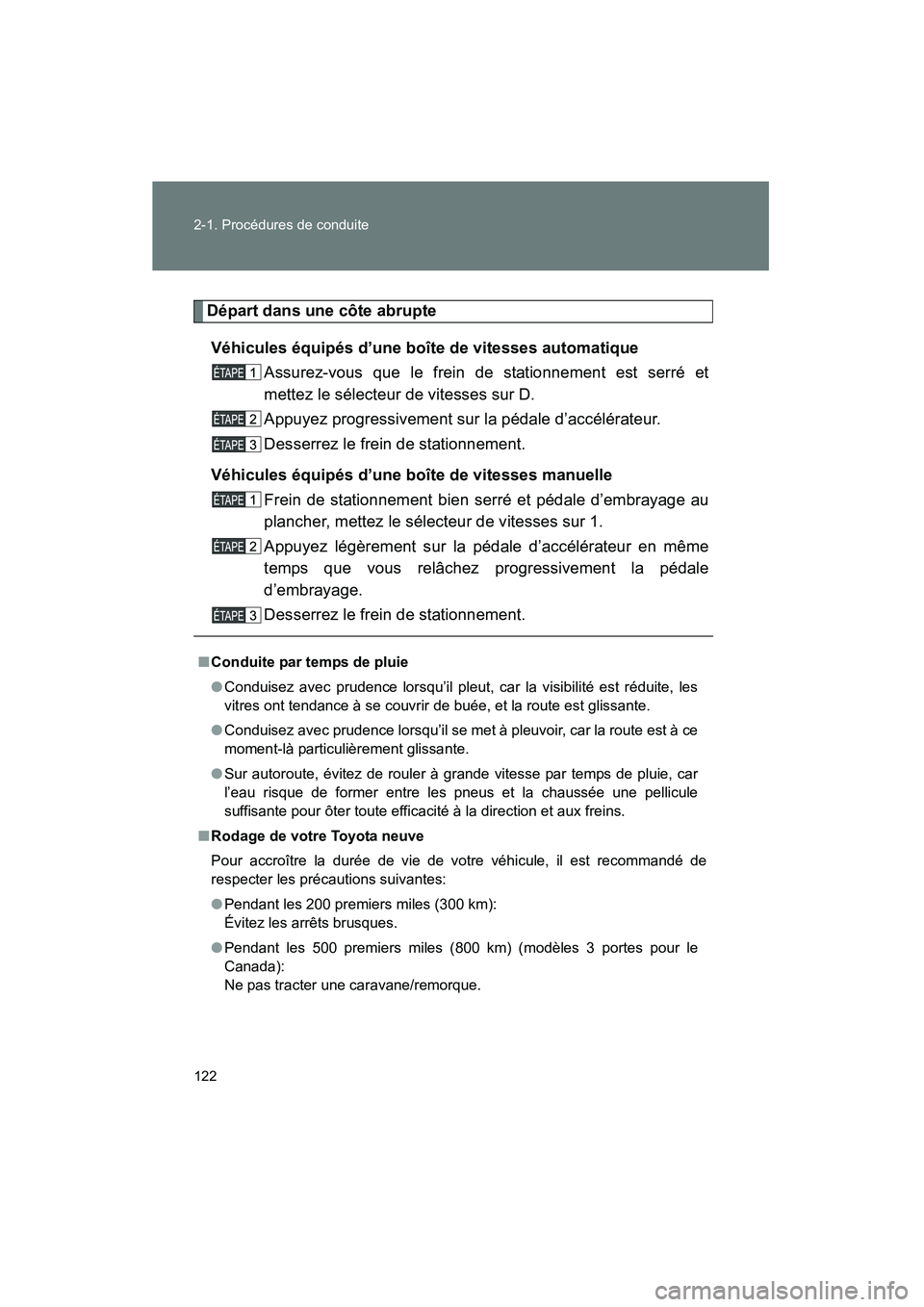 TOYOTA YARIS HATCHBACK 2012  Manuel du propriétaire (in French) 122 2-1. Procédures de conduite
YARIS_HB_D_12MY_52A68D
Départ dans une côte abrupteVéhicules équipés d’une boîte de vitesses automatique Assurez-vous que le frein de stationnement est serré 