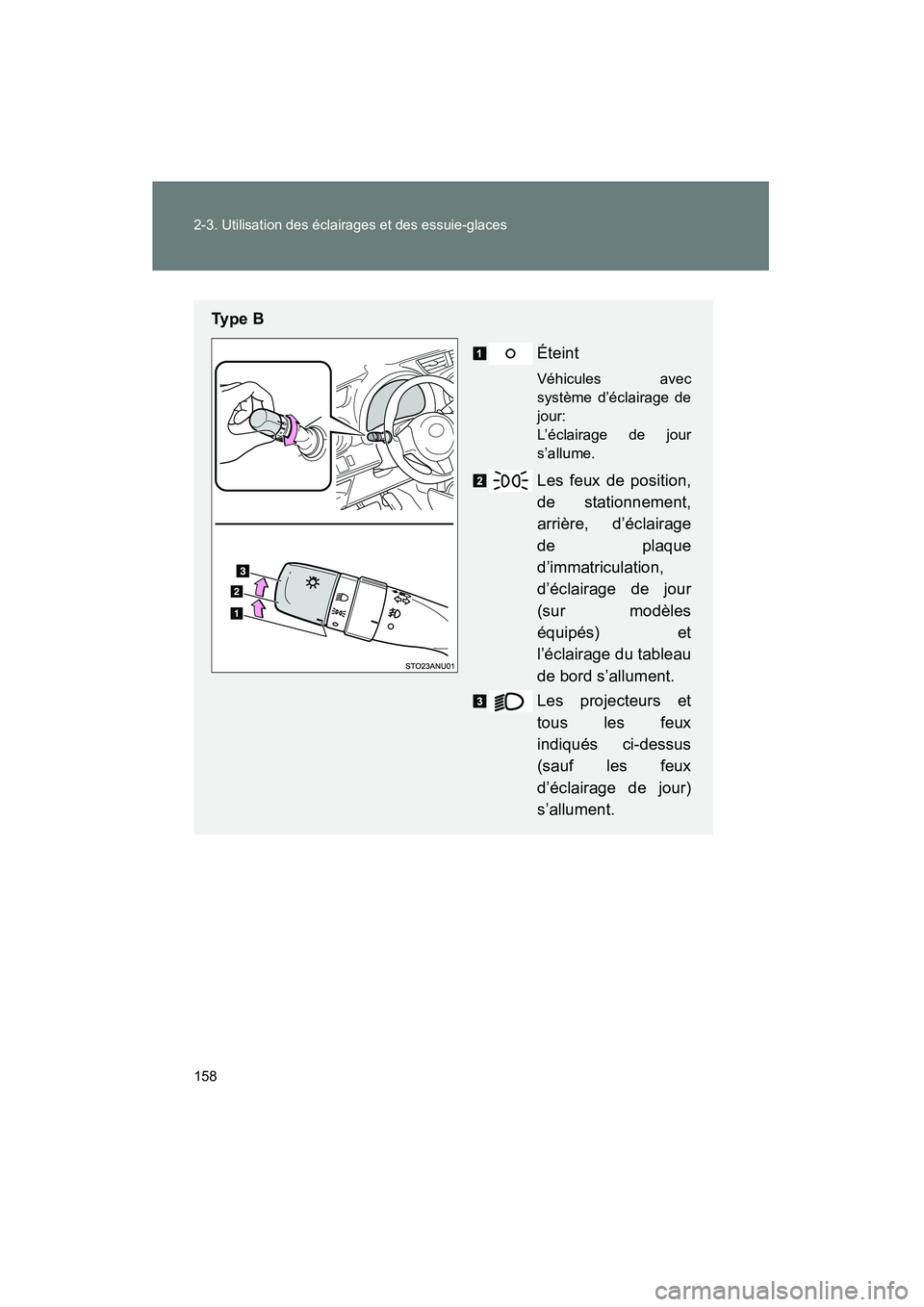 TOYOTA YARIS HATCHBACK 2012  Manuel du propriétaire (in French) 158 2-3. Utilisation des éclairages et des essuie-glaces
YARIS_HB_D_12MY_52A68D
Ty p e  BÉteint
Véhicules avec
système d’éclairage de
jour:
L’éclairage de jour
s’allume.
Les feux de positi