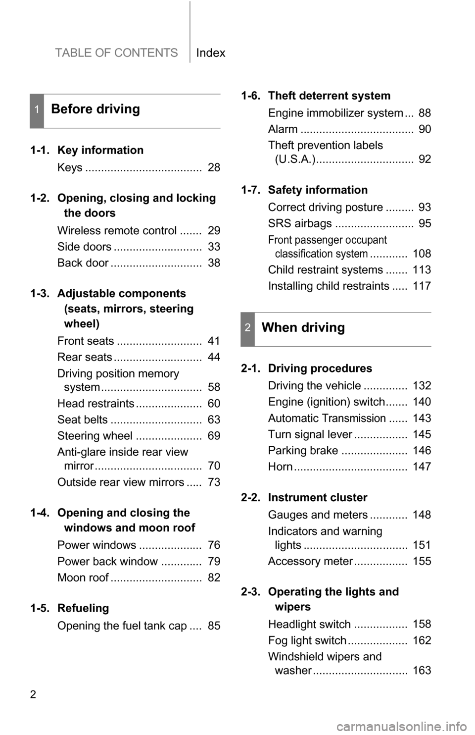 TOYOTA 4RUNNER 2009 N280 / 5.G Owners Manual TABLE OF CONTENTSIndex
2
1-1. Key informationKeys .....................................  28
1-2. Opening,  closing and locking
the doors
Wireless remote control .......  29
Side doors ................