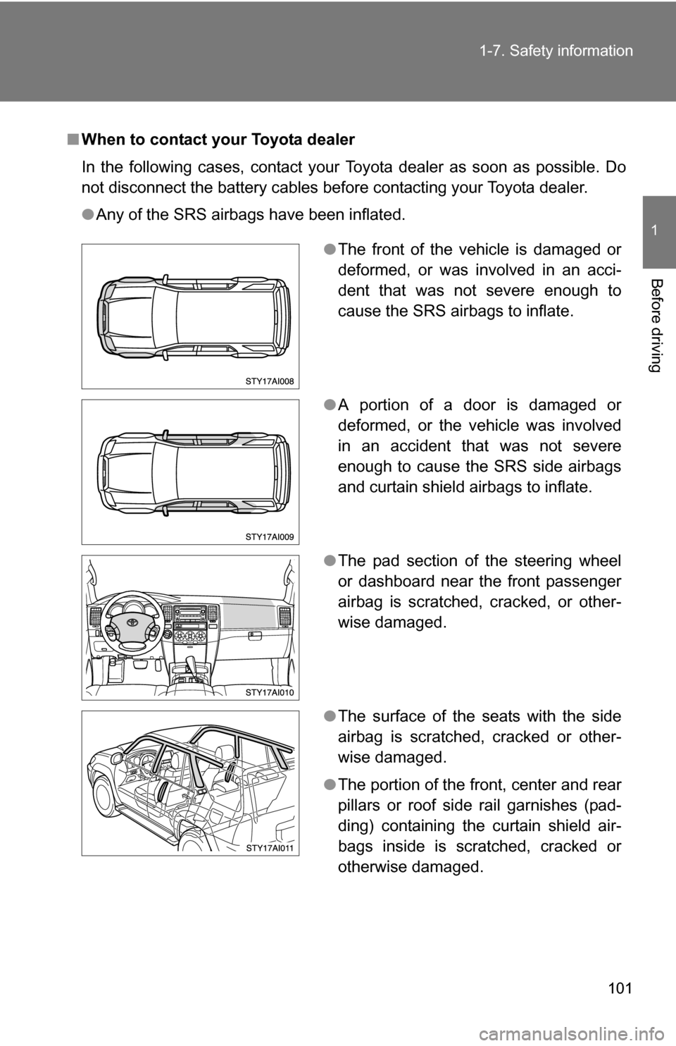 TOYOTA 4RUNNER 2009 N280 / 5.G Owners Manual 101
1-7. Safety information
1
Before driving
■
When to contact your Toyota dealer
In the following cases, contact your Toyota dealer as soon as possible. Do
not disconnect the battery cables before 