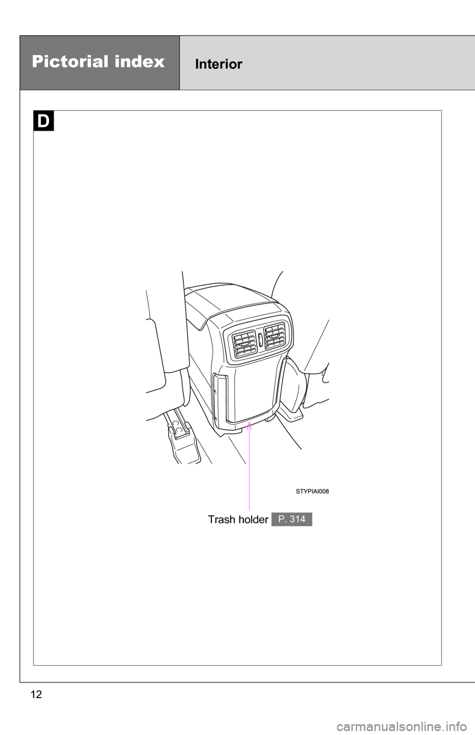 TOYOTA 4RUNNER 2009 N280 / 5.G User Guide 12
Pictorial indexInterior
Trash holder P. 314 TOYOTA 4RUNNER 2009 N280 / 5.G User Guide 12
Pictorial indexInterior
Trash holder P. 314